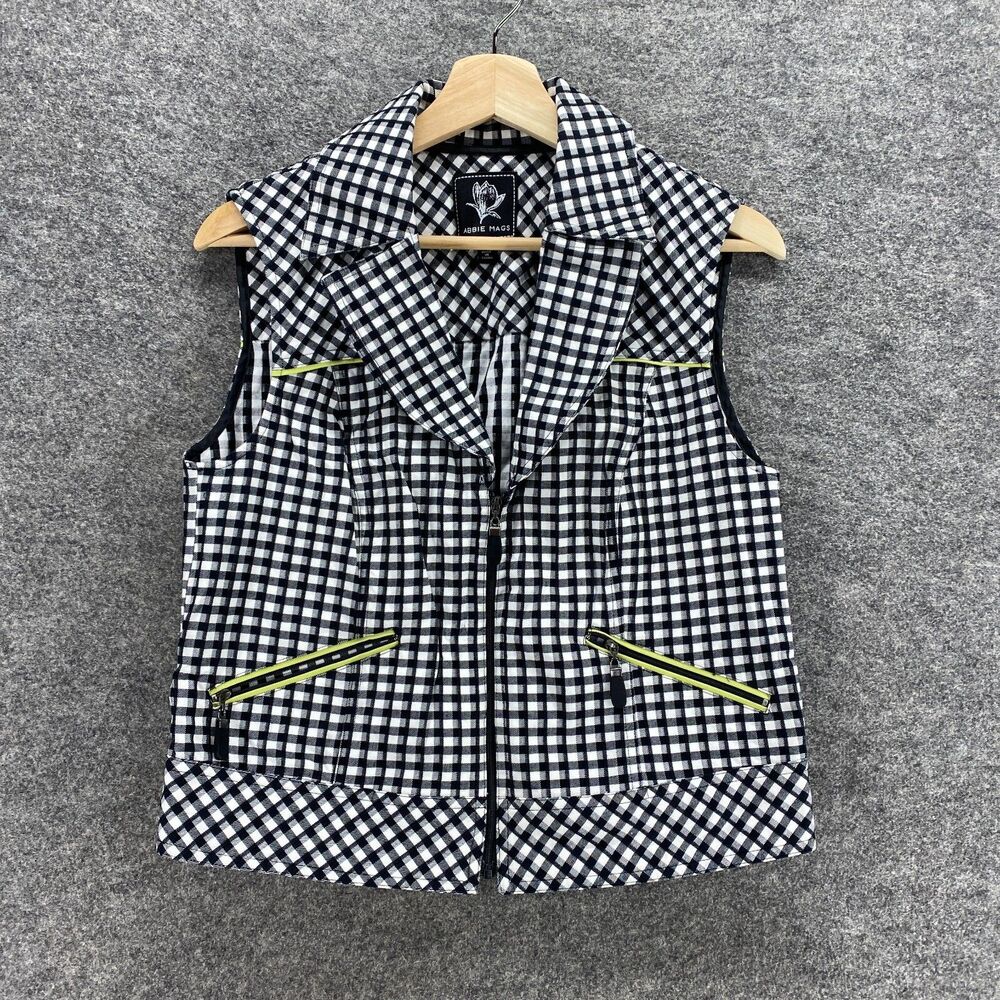 Abbie Mags Top Women M Medium Black Plaid Full Zip Collared Cotton Sleeveless